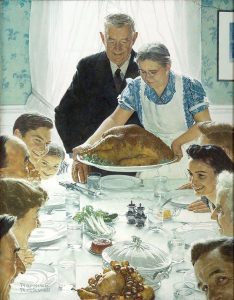 Painted during World War II, Norman Rockwell's "Freedom from Want" depicts an abundant family dinner in a nostalgic setting.