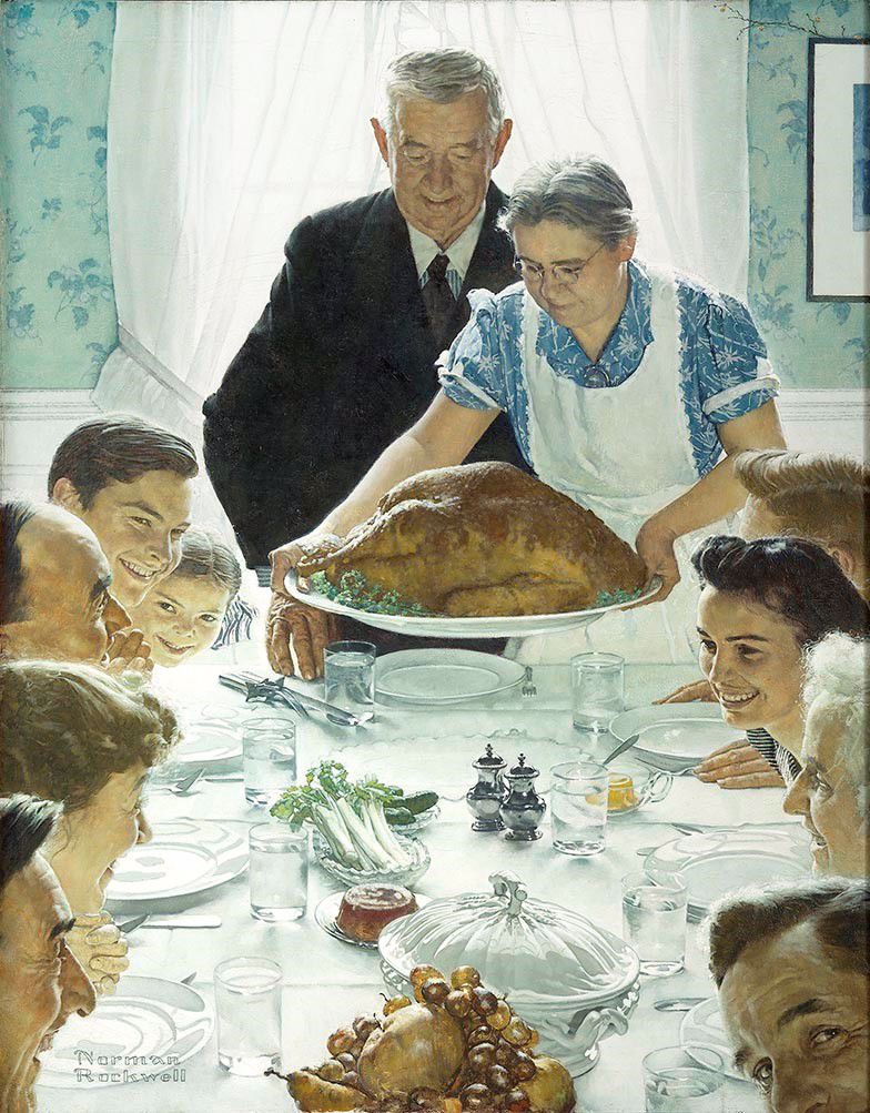 Painted during World War II, Norman Rockwell's "Freedom from Want" depicts an abundant family dinner in a nostalgic setting.